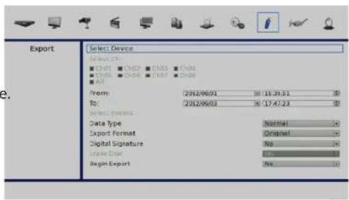 Export Select Device Select Device ● Chol ● Chol ● Chol ● Chol ● Chol ● Chol ● Chol ● Chol ● All From: 2012/96/03 □ 15.31.51 □ To: 2012/96/03 □ 17.47.23 □ Select Data Data Type: Normal Export Format: Optional Digital Signature: No Large Size: No Begin Export: No