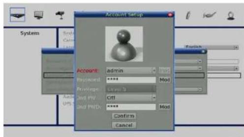 Account Setup System Solder Color Layer English admin Password: **** Mod Preview: Layer 3 Add Print Off and PWD: **** Mod Confirm Cancel
