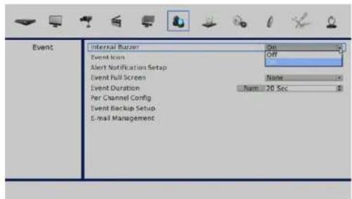 Event Internal Buzzer Event Icon Alert Notification Setup Event Full Screen Event Duration Per Channel Config Event Backup Setup E-mail Management On Off None 20.5cc