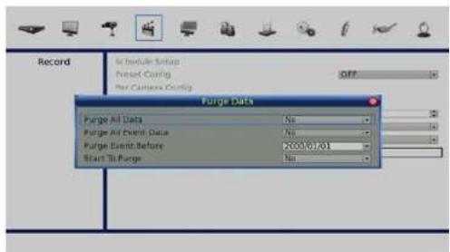 Record Schedule Setup Reset Config Per Camera Config OFF: Furge Data Furge All Data No Furge All Event Data No Furge Event Before 2000.01.01 Start To Furge No