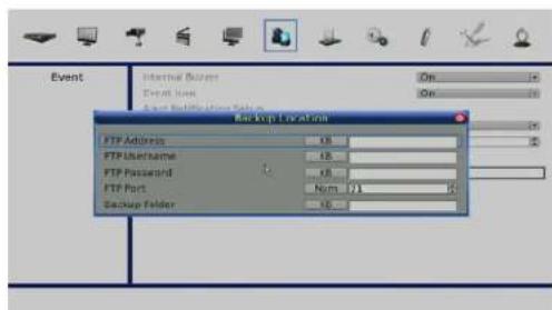 Event Internal Setup Event type Backup Location FTP Address 18 FTP Username 18 FTP Password 48 FTP Port Norm 01 Backup Folder 18