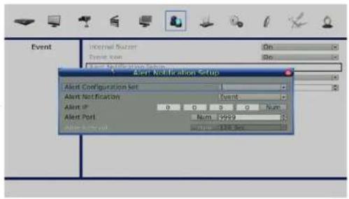 Event Internal Buzzer On Event Icon Site Event Modification Setup Alert Notification Setup Alert Configuration Set Alert Notification Event Alert IP 0 0 0 0 Num Alert Port Num 2999 Alert Event Name: 138 Set