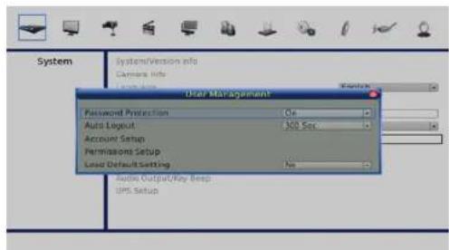User Management Password Protection Auto Logout Account Setup Permissions Setup Load Default Setting Auto Output/Key Beep GPS Setup