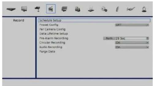 Record Schedule Setup Preset Config Per Camera Config Data Lifetime Setup Pre-Arm Recording Circular Recording Audio Recording Purge Data Num: 29 Sec Off: Off: Off: