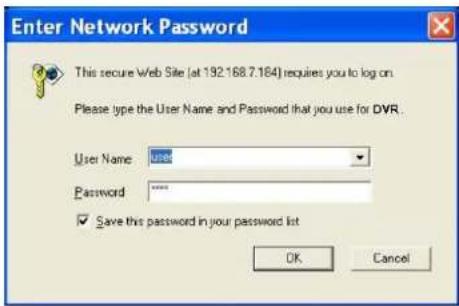 Enter Network Password This secure Web Site (at 192.168.7.184) requires you to log on. Please type the User Name and Password that you use for DVR. User Name: USB Password: **** ✓ Save this password in your password list OK Cancel