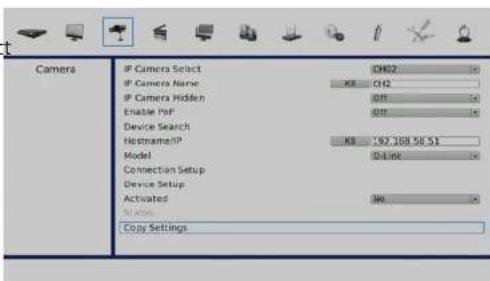 Camera IP Camera Select CH02 IP Camera Name KH CH2 IP Camera Hidden GFI Enable PAP GFI Device Search Hostname/IP KH 192.388.58.51 Model D-Link Connection Setup Device Setup Activated Mio Copy Settings