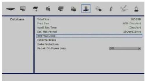 Database Total Size 1851GB Free Size 9GB (Circular) Avail. Rec Time (Circular) Est. Rec Period 19Days18hrs Internal Dkks External Dkks Data Protection Repair On Power Loss Off