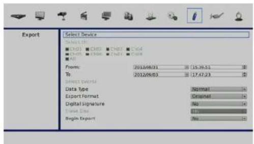 Export Select Device Select Off: CHD1 CHD2 CHD3 CHD4 CHD5 CHD6 CHD7 CHD8 All From: 2012/06/03 15.39.51 To: 2012/06/03 17.47.23 Select Data Data Type Normal Export Format Original Digital Signature No True Data Begin Export Yes OK
