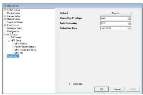 Configuration System Setup Market Setup Camera Setup Record Setup Sequence Setup Front Setup Database Setup Configuration Auto Setup PCB Setup UFS Setup UFS Protocol Power Setset Schemes UFS Shutdown Setting UFS Info Reboot Exercise Power Key Privilege Auth Auto Refining UIF Rebuilding Time 24h 12:00 View Info. OK Cancel Apply