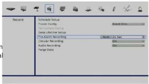Record Schedule Setup Preset Config Event Only Per Camera Config Data Lifetime Setup Pre-Arm Recording Num: 21 Sec Circular Recording On Audio Recording On Purge Data