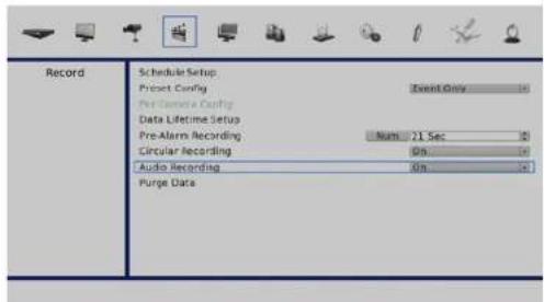 Record Schedule Setup Project Config Event Only Per Complete Config Data Lifetime Setup Pre-Alarm Recording Num 21 Sec Circular Recording On Audio Recording On Purge Data