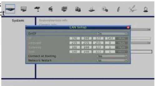 System Analog/Version/Info Camera Info LAN Setup OP IP 123 108 112 143 112.000 Network 735 755 755 9 112.000 System 172 168 172 74 112.000 WCS 132 108 112 1 112.000 Connect AT Booting Network's Restart Up Up