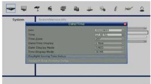 System SystemVersion info Date/time Date Time Time Zone Data Time Display Date Display Mode Time Display Mode Daylight Saving Time Setup Reboot Flow System2.01a