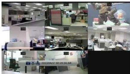 Collage of office scenes with visible signage including date and time, showing employees, equipment, and office areas.