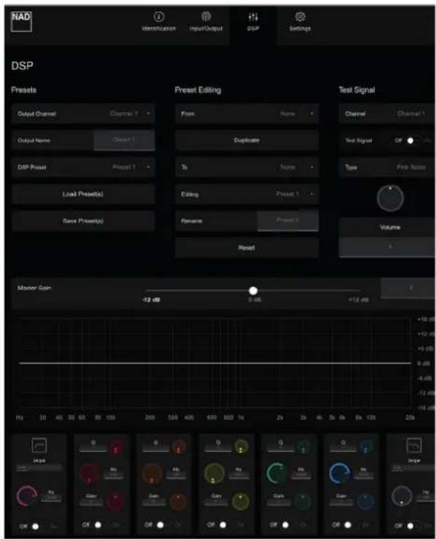 NAD Identification Input/Output DSP Settings DSP Presets Output Channel Channel 1 Output Name Channel 1 DSP Preset Preset 1 Line1 Preset(A) Save Preset(S) Preset Editing From Name Duplicate Th Name Editing Preset 1 Rename Preset 1 Reset Test Signal Channel Channel 1 Text Signal OFF Type Fork Note Volume Master Gain -12 dB 0 dB +12 dB +18 dB +12 dB +10 dB +0 dB 0 dB -4 dB -12 dB -16 dB