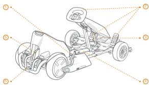 Technical diagram of a toy car with numbered components and dashed alignment lines