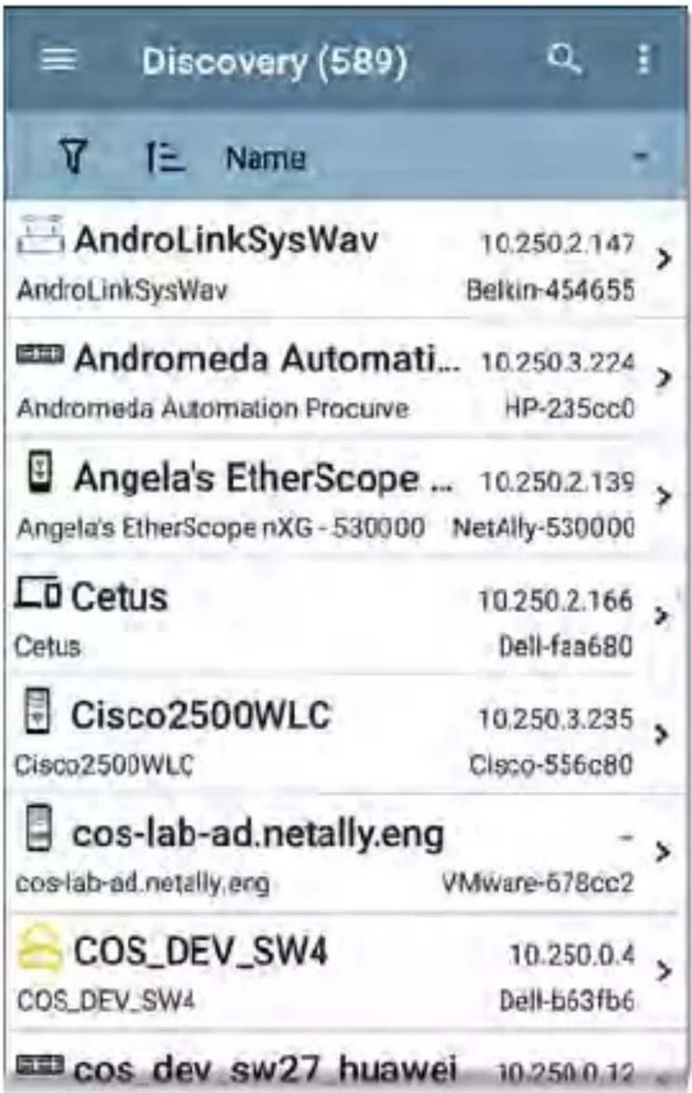 NetAlly LinkRunner 10G - Main Discovery List Screen - 1