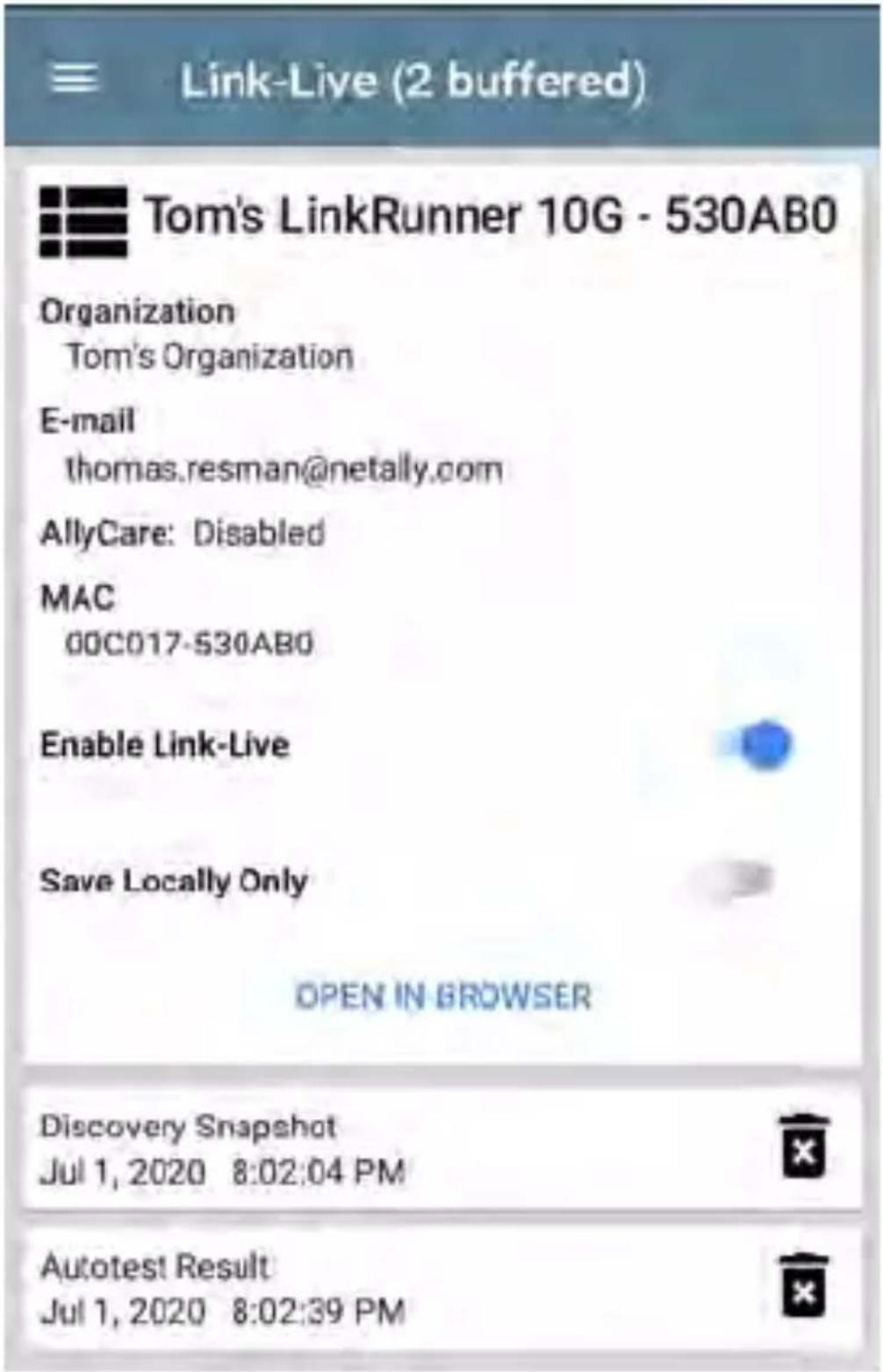 NetAlly LinkRunner 10G - Link-Live App Screen - 2