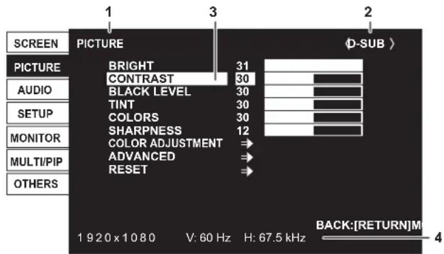SCREEN PICTURE BRIGHT 31 CONTRAST 30 BLACK LEVEL 30 TINT 30 COLORS 30 SHARPNESS 12 COLOR ADJUSTMENT ⇒ ADVANCED ⇒ RESET ⇒ Φ-SUB > BACK:[RETURN]M 1920 x 1080 V: 60 Hz H: 67.5 kHz AUDIO SETUP MONITOR MULTI/PIP OTHERS