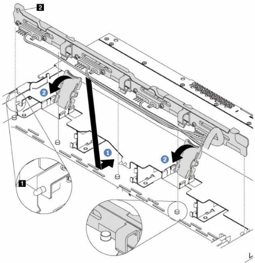 Technical diagram of a mechanical assembly with numbered components and directional arrows indicating assembly steps.