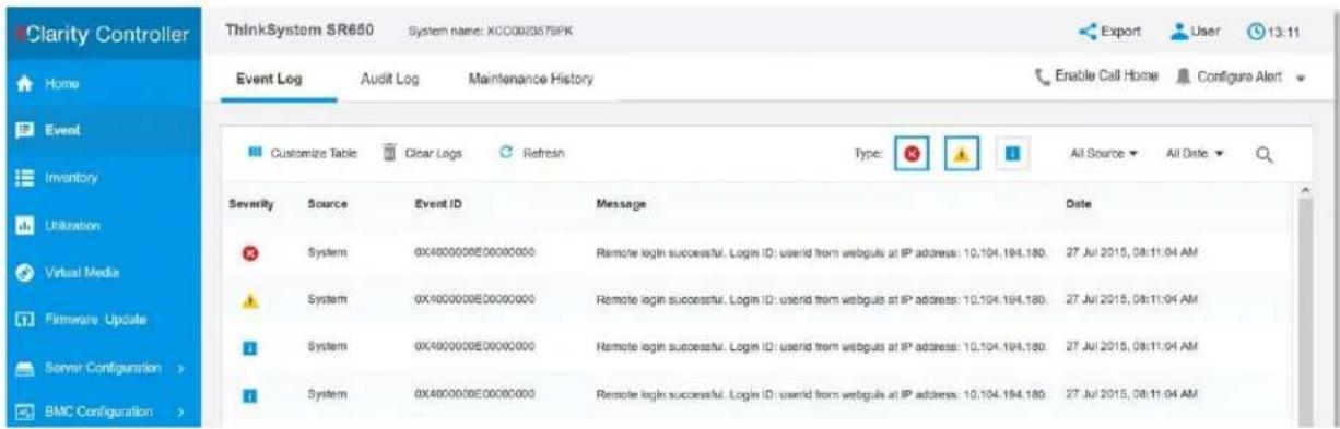 Clarity Controller ThinkSystem SR650 System name: XCC002357SPK Event Log Audit Log Maintenance History Event Event Inventory Utilization Virtual Media Firmware Update Server Configuration > BMC Configuration >