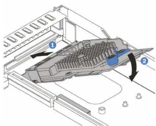 Technical diagram of a mechanical assembly with numbered components and directional arrows indicating motion or movement.