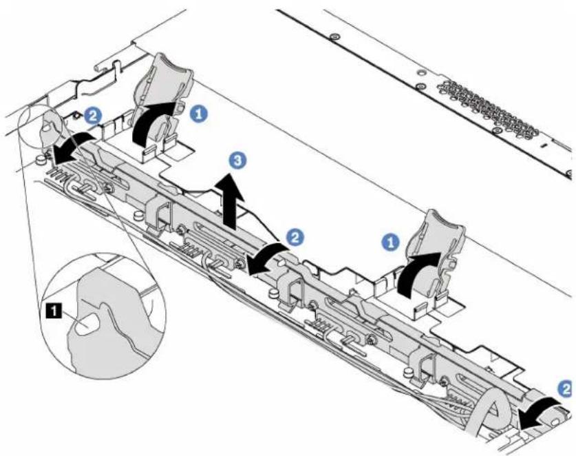 Technical diagram of a mechanical assembly with numbered components and directional arrows indicating motion or flow.