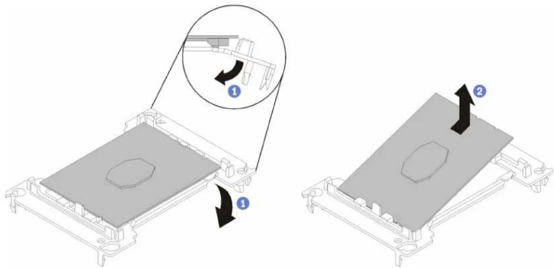 Technical diagram showing two mechanical assembly states with labeled components and directional arrows indicating motion or assembly.