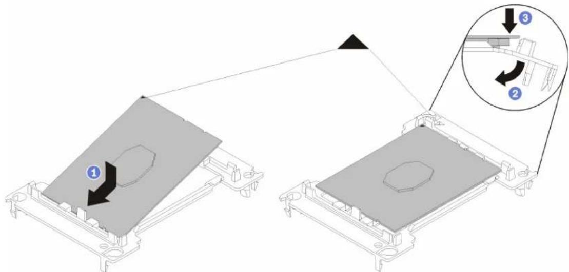 Technical diagram showing a mechanical assembly with labeled components and directional arrows indicating motion or assembly steps.