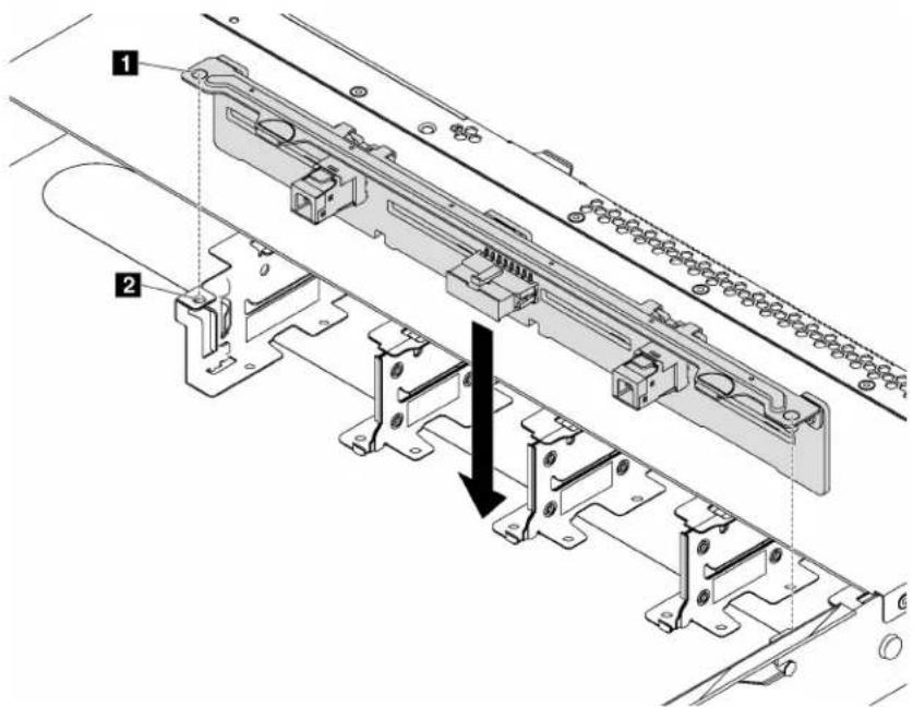 Technical diagram of a mechanical assembly with labeled parts and directional arrow indicating motion or force