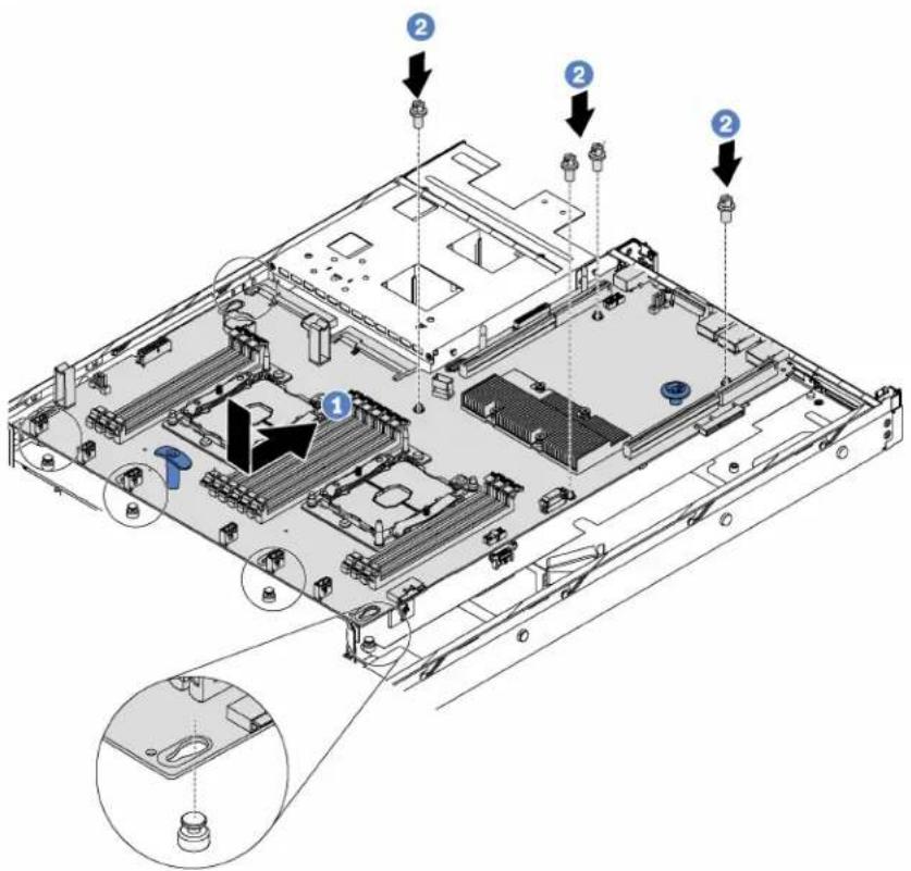 Technical diagram of a computer motherboard with numbered components and an inset view showing internal structure.