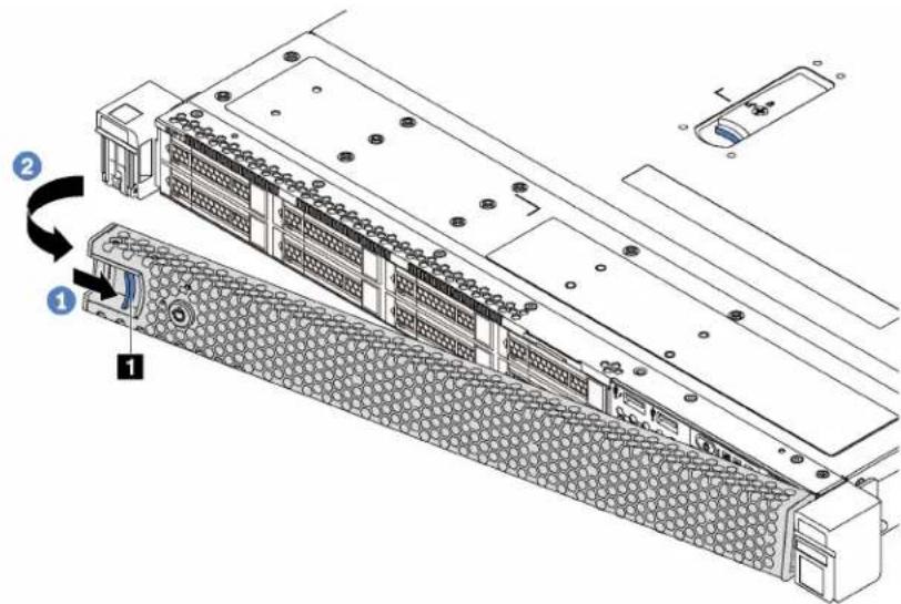 Technical diagram of a server rack with labeled components and directional arrows indicating assembly steps