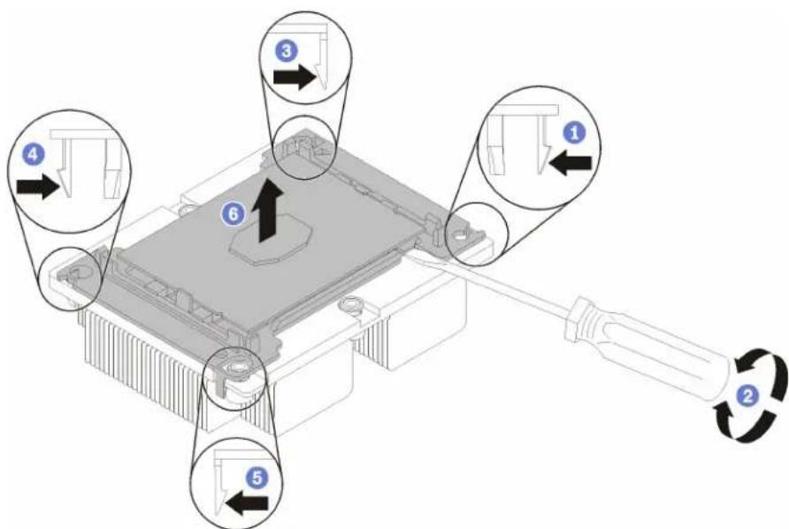 Diagram of a computer hardware component with numbered parts and directional arrows indicating assembly or operation.