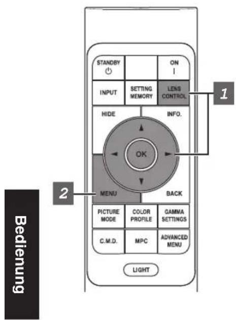 STANDBY ON INPUT SETTING MEMORY LENS CONTROL. HIDE INFO. OK MENU BACK PICTURE MODE COLOR PROFILE GAMMA SETTINGS C.M.D. MPC ADVANCED MENU LIGHT 1 2 Bedienung