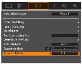 Installationemodus Mode 1 Optik Enstaltung. Pixel-Enstellung Maskierung Typ Anamorohol Aus Lenwardenstellung Instafationsart Vanz Tracezkorrektur 0 Soienverhälmis Auto