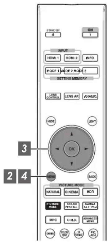 STAND BY ON 1 INPUT HDMI 1 HDMI 2 INFO. MODE 1 MODE 2 MODE 3 SETTING MEMORY LENS CONTROL LENS AP ANAMO. MIDE LIGHT OK MENU BACK PICTURE MODE NATURAL CINEMA HDR PICTURE MODE COLOR PROFIIL GAMA'S SETTINGS MPC C.M.D. ADVANCED MENU GAMA COLOR TIME 32 FORMS PIC ADL 2 4