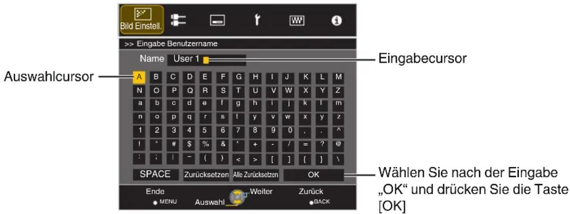 Bild Einstell. >> Eingabe Benutzername Name User 1 A B C D E F G H I J K L M N O P Q R S T U V W X Y Z a b c d e l g h i j k l m n o p q r s l y v w x y z 1 2 3 4 5 6 7 8 9 0 . . ^ ! ' # $ % & ' + - / = ? @ : i - ( ) < - [ ] { } \ SPACE Zurücksetzen Alle Zurücksetzen OK Ende MENU Auswahl Weiter Zurück BACK Eingabecursor Auswahlcursor Wählen Sie nach der Eingabe „OK“ und drücken Sie die Taste [OK]