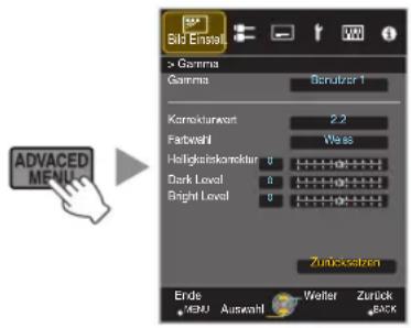 Bid Einsel > Gamma Gamma Bonutzer 1 Korreklurwert 2.2 Farbwahl Wess Hölgkeitskorektur 0 Dark Level 0 Bright Level 0 Zurecksaben Ende Auswahl Welter Zurück BACK