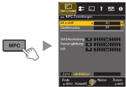 MPC Bild Einstell MPC Einstellungen 4K c-shift Grafikmodus An 2K Schäfteinhebung Kantengleitung NR Zuror Zureksizen Ende Menu Auswahl Walter Zurück Sick
