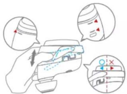 Diagram illustrating a device operation with labeled directional arrows and control buttons, showing motion paths and state indicators.
