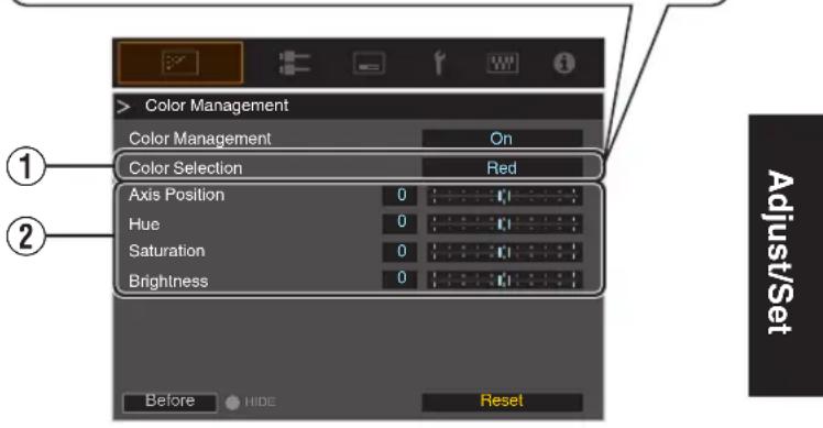 Color Management Color Management On Color Selection Red Axis Position 0 Hue 0 Saturation 0 Brightness 0 Before HIDE Reset Adjust/Set