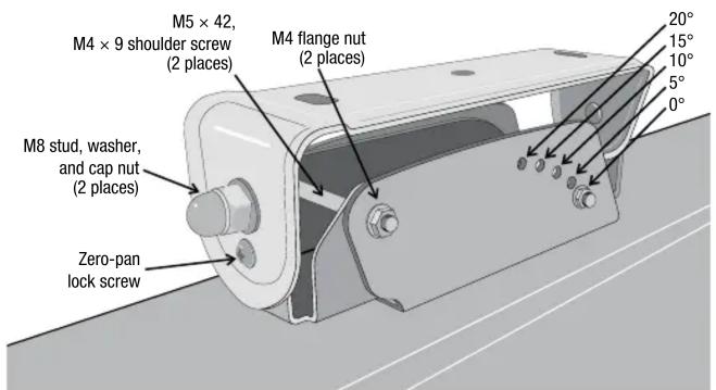 M5 × 42, M4 × 9 shoulder screw (2 places) M4 flange nut (2 places) M8 stud, washer, and cap nut (2 places) Zero-pan lock screw 20° 15° 10° 5° 0°