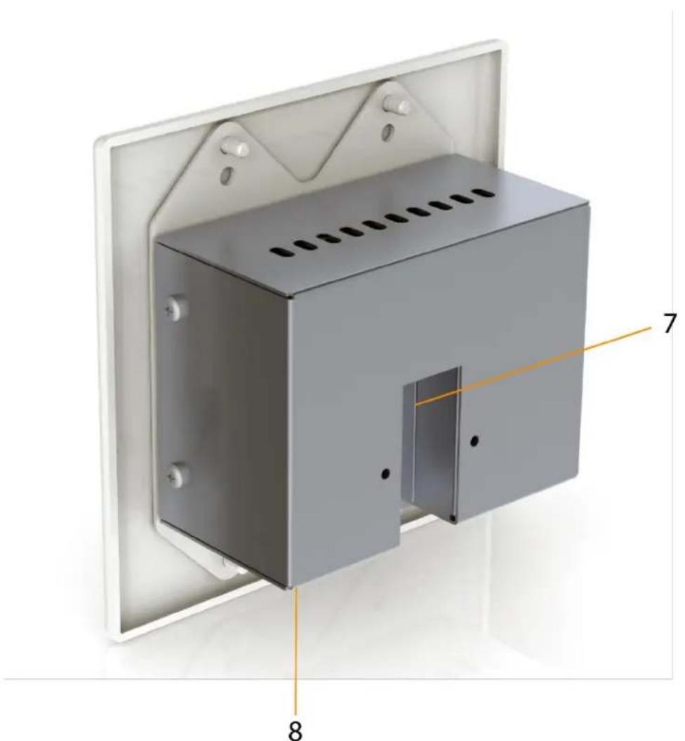 Technical diagram of a wall-mounted device with labeled components 7 and 8, showing internal structure and mounting points.