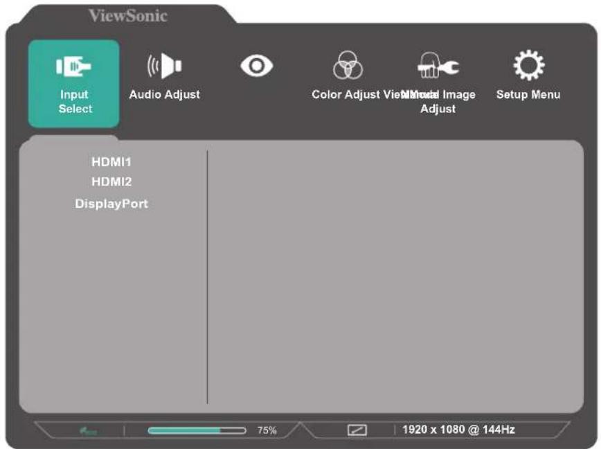 ViewSonic Input Select Audio Adjust Color Adjust View Model Image Adjust Setup Menu HDMI1 HDMI2 DisplayPort 75% 1920 x 1080 @ 144Hz
