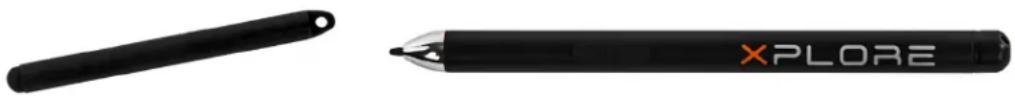 Two black pens: one with a loop handle and the other with an XPORE-branded pen (no visible text or symbols on the pens themselves)