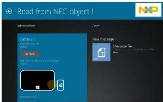 Read from NFC object ! Information Success ! APR/2008 3:52:17 PM 10 bitsus Go Home Back to the home to create a new message 10 bitsus Read another time! Data New message Message Text UP RUBS Paku 11/07/2008 2:12:22 PM T