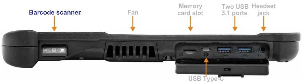 Barcode scanner Fan Memory card slot Two USB 3.1 ports Headset jack USB Type-C