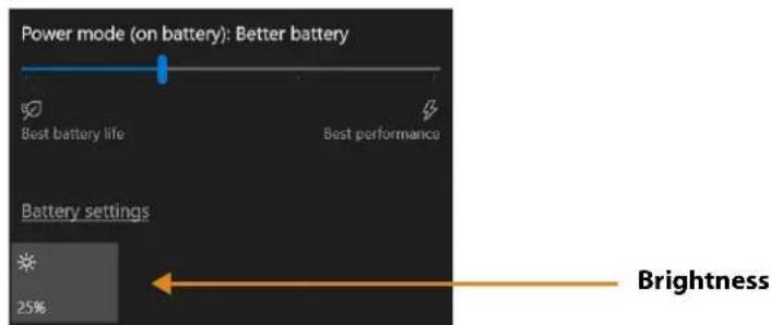 Power mode (on battery): Better battery Best battery life Best performance Battery settings 25% Brightness