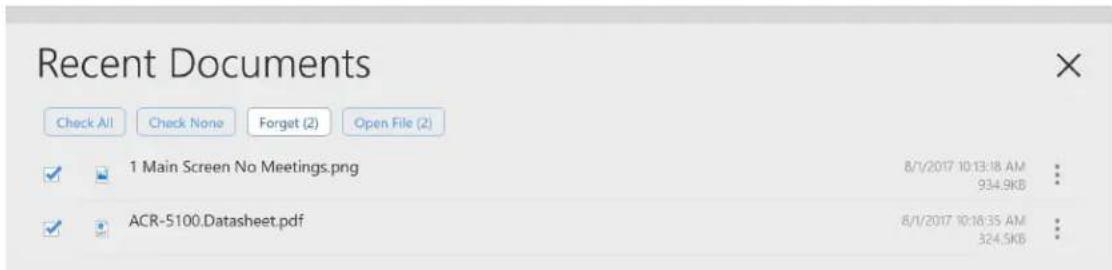 Recent Documents Check All Check None Forget (2) Open File (2) ✓ 1 Main Screen No Meetings.png 8/1/2017 10:13:18 AM 934.9KB ✓ ACR-5100.Datasheet.pdf 8/1/2017 10:18:35 AM 324.5KB
