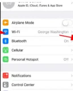 Apple ID, iCloud, iTunes & App Store Airplane Mode Wi-Fi George Washington > Bluetooth On > Cellular > Personal Hotspot Off > Notifications > Control Center >